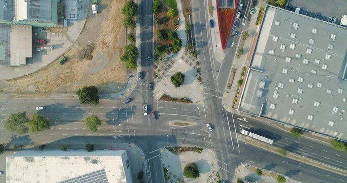 Aerial: West Oakland Industrial district, mandela parkway and freeway. California, USA
