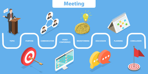 3D Isometric Flat Vector Conceptual Illustration of Business Meeting, Effective Team Collaboration
