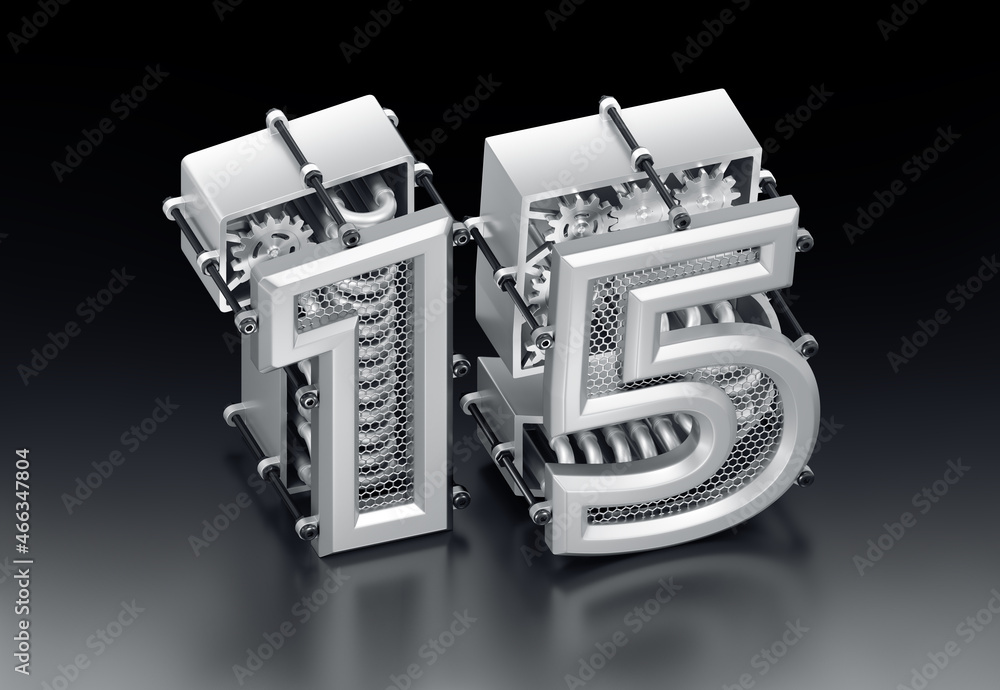 Poster the number fifteen. 3d digits are designed in a modern steampunk style and combined to a number fift