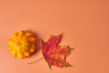 Autumn colors. Red maple leaf next to a yellow pumpkin on an orange background