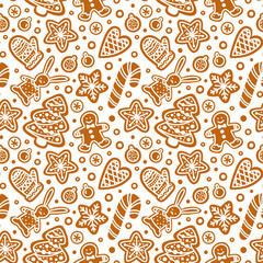 Ginger Cookies seamless pattern. Gingerbread Man, Christmas Tree, snowflake, star, hare, candy cane, mitten. Different Winter Holiday Sweets. Hand drawn vector background for wrap, gift paper, textile