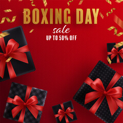 Boxing day sale or black friday shopping concept design of red, gold, black, boxing gloves holding for happy time with decorative elements cut style on color Background. 