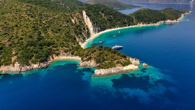 Aerial drone photo of paradise turquoise Gidaki beach and abandoned in Ithaca Greece