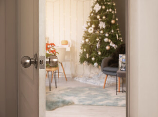 View on living room decorated for Christmas from open door