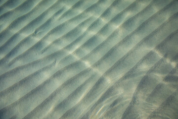 Ripples on surface of sand sea bottom, clear and calm blue sea water, fishes in water, nature texture 