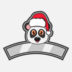 Panda Head Character Logo, icon, watermark, badge, emblem and label with Christmas Hat.