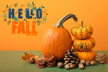 Beautiful greeting card with text HELLO FALL