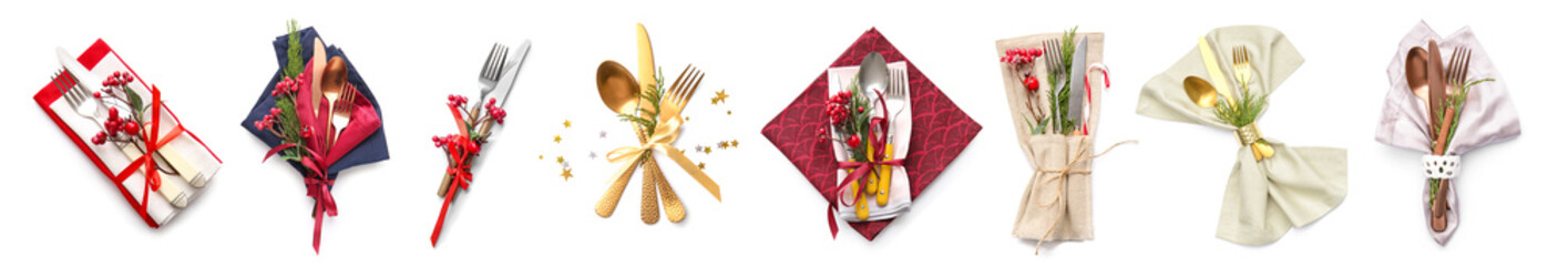 Collection of stylish table settings for Christmas dinner