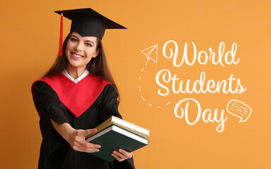 Greeting card for World Students Day with woman in graduation hat