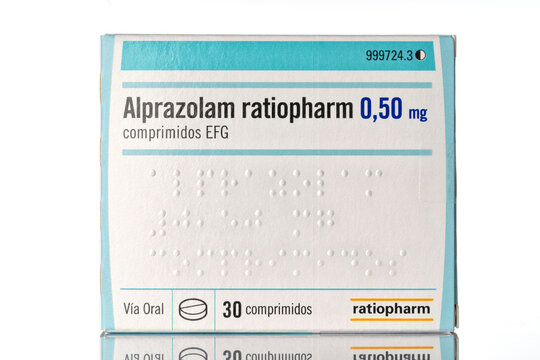 A box of Alprazolam Ratiopharm 0.50 mg isolated on white