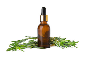 Bottle of rosemary essential oil isolated on white
