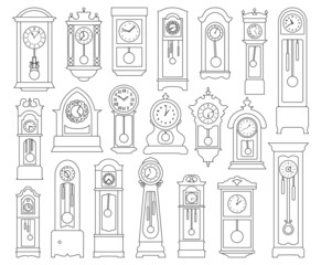 Antique clock isolated outline set icon. Vector illustration old watch on white background. Vector outline set icon antique clock.