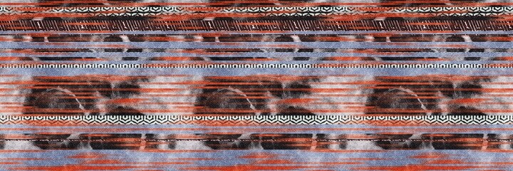 Seamless tribal ethnic stripe grungy border surface pattern design for print. High quality illustration. Faded rug or carpet like cover graphic tile. Thick lines filled with interesting geo textures.