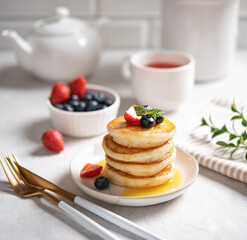 Homemade classic American pancakes in a stack with fresh berries, honey, cup of tea and pot on a blurry white brick background. The concept of a healthy, delicious and nutritious breakfast