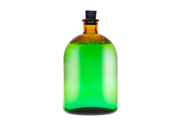 Green potion with bubbles in the yellow glass bottle. isolated on white background.