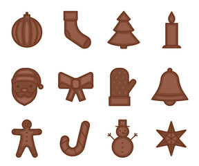 Chocolate Christmas figurines. Chocolate chip cookies. Holiday cooking. Vector illustration