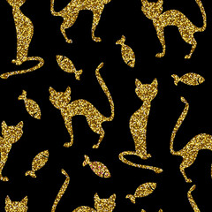 Vector seamless pattern. Gold cats and small fishes isolated on black background.