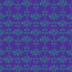 Cartoon vector seamless pattern. Abstract floral turquoise elements isolated on purple background.