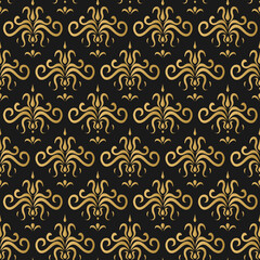 Vector seamless vintage abstract pattern. Gold plant elements isolated on black background.