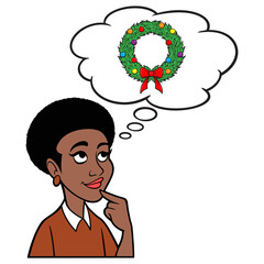 Woman thinking about a Christmas Wreath - A cartoon illustration of a Woman thinking about a new Christmas Wreath.