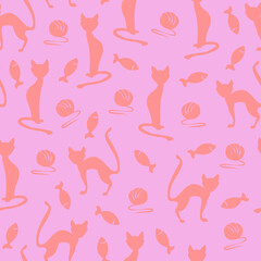 Fototapeta premium Coral cats and small fishes isolated on pink background. Vector seamless pattern.