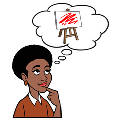 Woman thinking about an Art Easel - A cartoon illustration of a Woman thinking about an Art Easel.