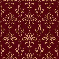Vector seamless vintage abstract pattern. Gold floral elements isolated on red background.