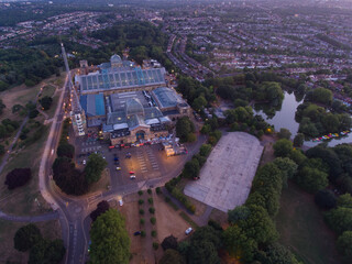 Aerial evening view of Alexandra Palace in North London