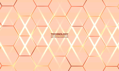 Light pink hexagonal technology vector abstract background. Yellow bright energy flashes under hexagon in technologies futuristic modern background vector illustration. Light honeycomb texture grid.