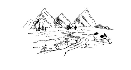 Rural landscape with house, mountains, alpine meadow, cows. Vector illustration. Sketch.