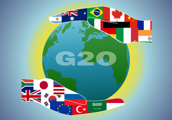 Cumbre del G2O. Banderas de los países miembros de la cumbre del G20 con siluetas de manos protegiendo el planeta Tierra © Gabrieuskal