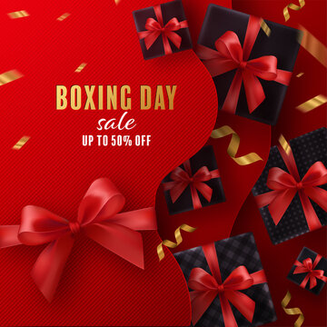 Boxing day sale or black friday shopping concept design of red, gold, black, boxing gloves holding for happy time with&nbsp;decorative elements cut style on color Background. 