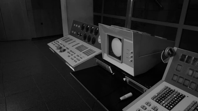 Retro Computer In Research Center. Old Computer Technology. Astronomical Observatory. Black and white footage. Slow motion.
