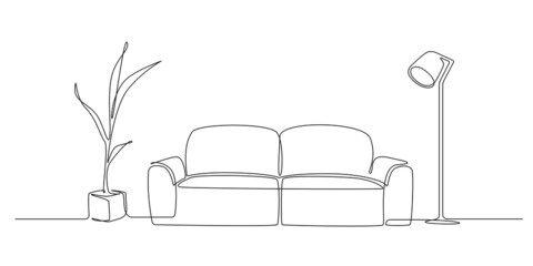 Continuous one line drawing of sofa and floor lamp and potted plant. Living room interior in loft apartment. Modern furniture in simple Linear style. Doodle vector illustration