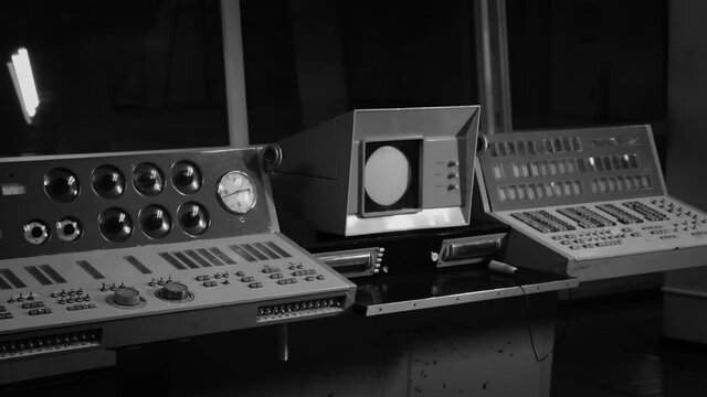 retro control panel in observatory control room. Old Computer Technology. Astronomical Observatory. Black and white footage.