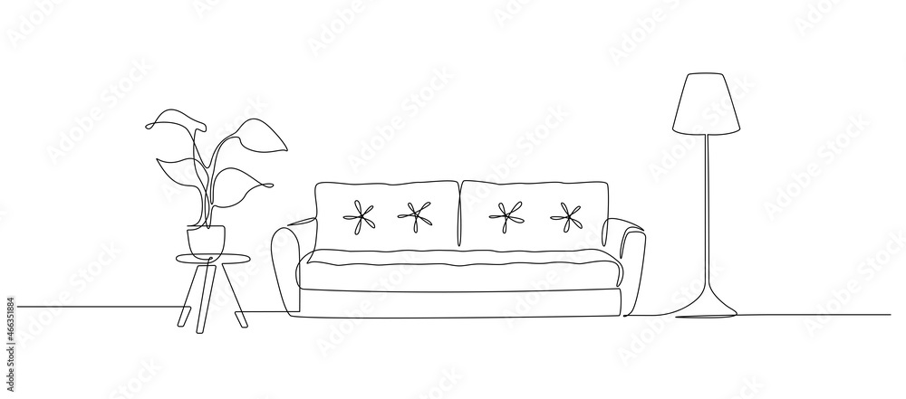 Aufkleber Continuous one line drawing of sofa and lamp and table with plant. Modern scandinavian furniture in simple Linear style. Doodle vector illustration