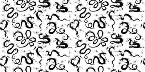 Dragons. Black tattoo silhouettes, Seamless pattern for your design