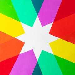 Snowflake shaped frame. Colorful Christmas concept. Minimalistic New Year idea. Creative winter holiday flat lay. Vibrant Xmas banner with copy space.