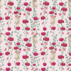 Delicate pink seamless pattern in a naive style. A bouquet of pink flowers, roses in a popular paper wrapping with a bow. Vector square background.
Use for textiles, paper packaging, gift bags. Eps10.