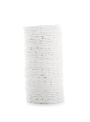 Stack of clean cotton pads on white background