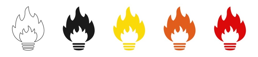Flame energy in a light bulb. Set of icons.