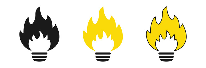 Flame energy in a light bulb. Set of icons.