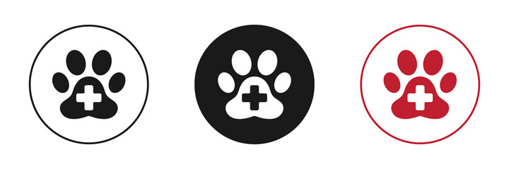 Pet first aid icons set. Dog or cat paw print. Medical cross symbol. Illustration