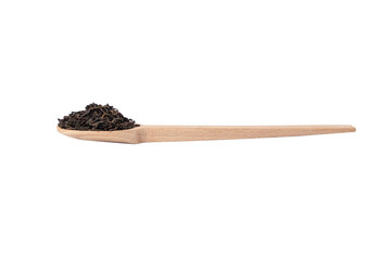 yunnan black tea on wooden spoon isolated on white background.