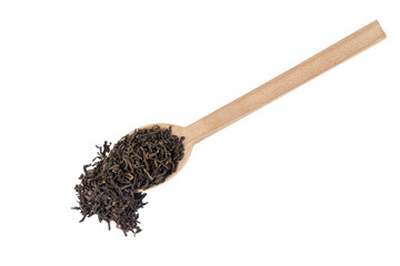 yunnan black tea on wooden spoon isolated on white background.