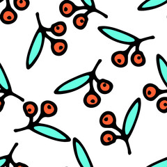 a pattern of cherries. a seamless pattern of hand-drawn pairs of red cherries in doodle style with turquoise leaves randomly arranged on a white background for a design template. simple summer cherry 