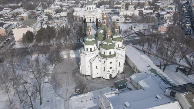 Air view from a drone to the city of Nizhyn in Chernihiv in winter