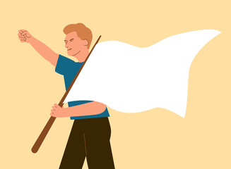 Young man holds waving flag on his shoulder. Guy raised hand in protest. Revolution, strike, demonstration. Blank flag with place for text. Vector cartoon character. Human rights activist fighter