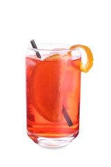 Glass of negroni cocktail with straw on white background
