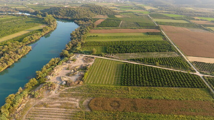 Aerial view of trees and farmland next to Acheloos river in West Greece